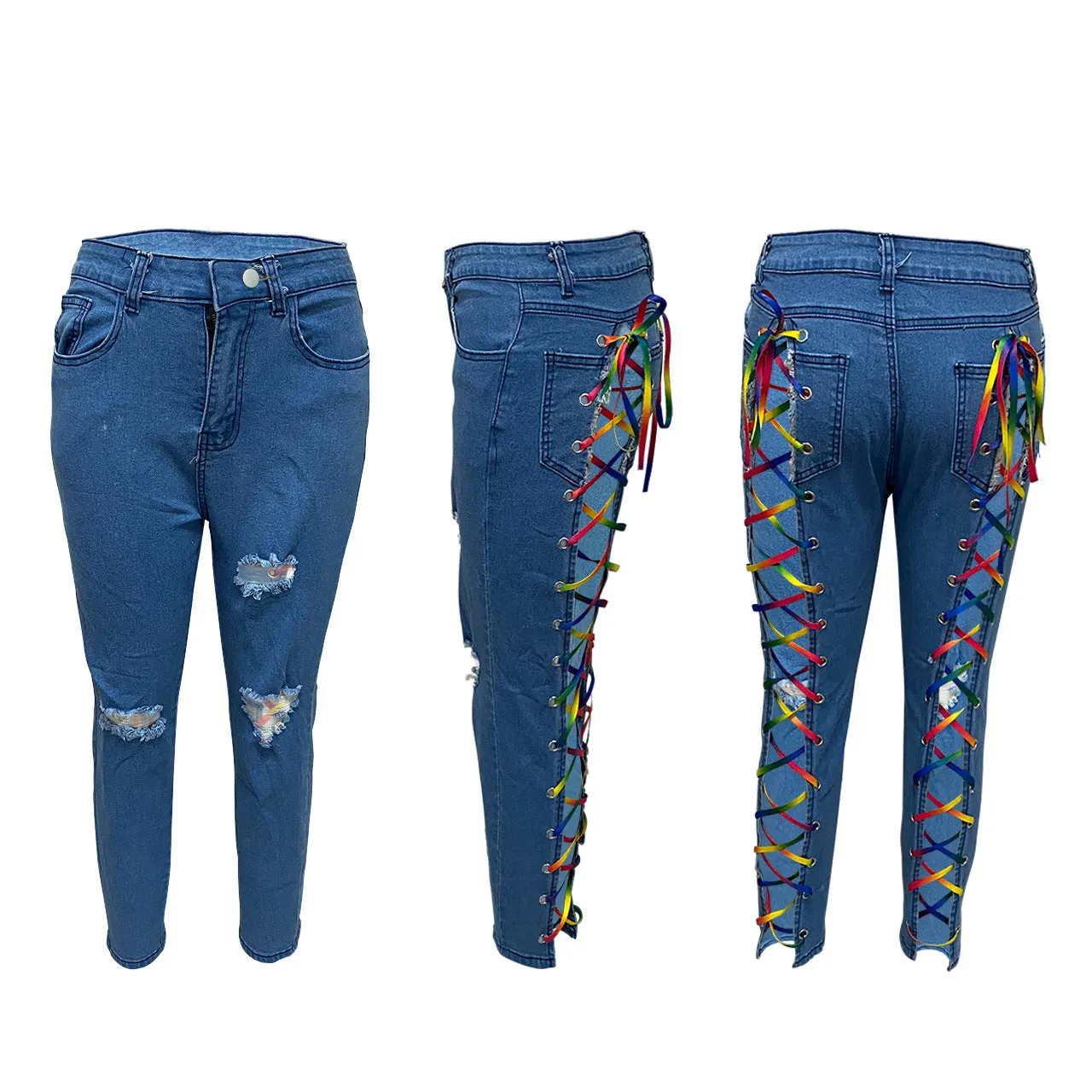 10425-MX51 colorful bandage ripped long women's jeans sehe fashion