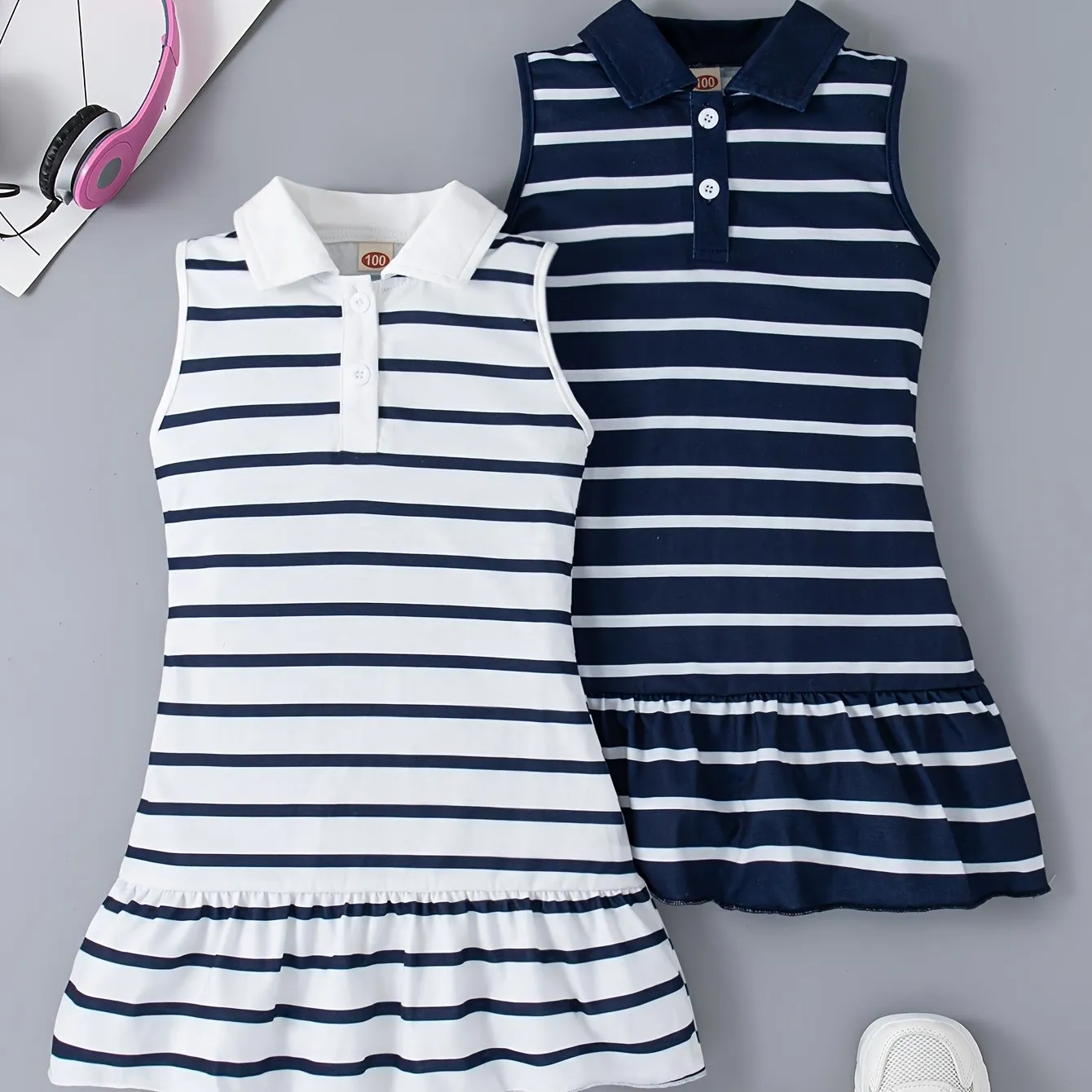 2pcs Adorable Striped Fitted Sleeveless Dress for Girls - Lapel Collar, Knee-High Length, Ruffle Hem, Polyester Material, Loose Silhouette, Perfect for Summer Party and Holiday - Casual and Comfortable