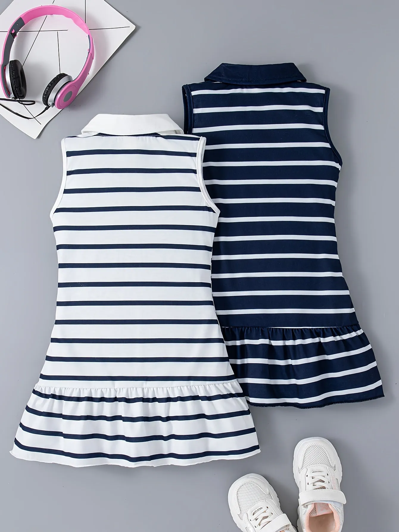 2pcs Adorable Striped Fitted Sleeveless Dress for Girls - Lapel Collar, Knee-High Length, Ruffle Hem, Polyester Material, Loose Silhouette, Perfect for Summer Party and Holiday - Casual and Comfortable