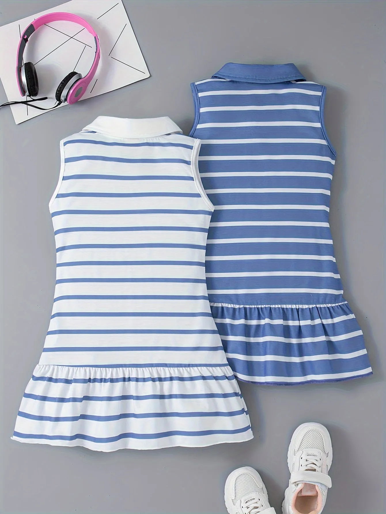 2pcs Adorable Striped Fitted Sleeveless Dress for Girls - Lapel Collar, Knee-High Length, Ruffle Hem, Polyester Material, Loose Silhouette, Perfect for Summer Party and Holiday - Casual and Comfortable