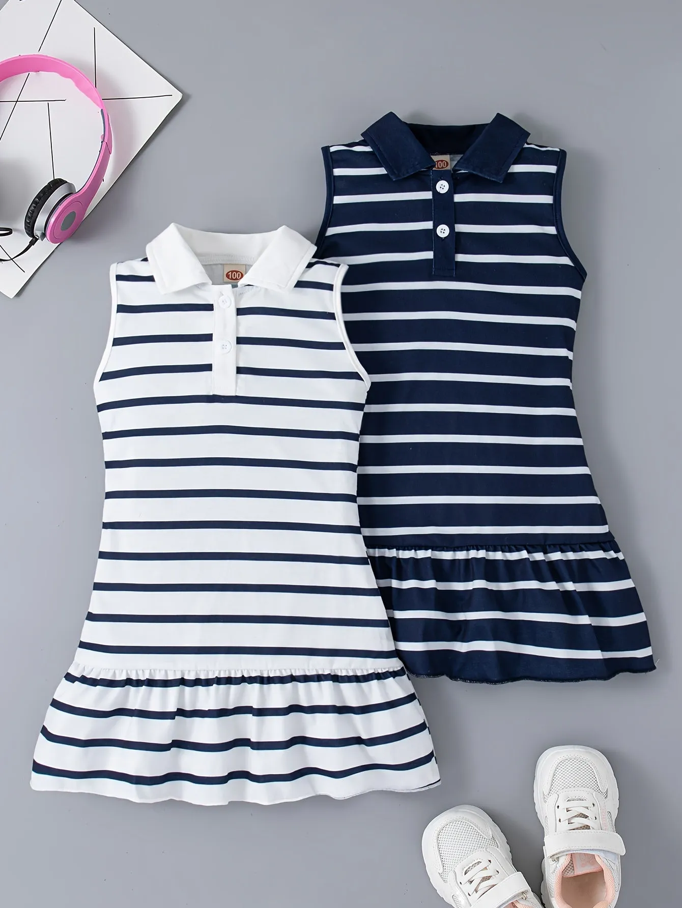 2pcs Adorable Striped Fitted Sleeveless Dress for Girls - Lapel Collar, Knee-High Length, Ruffle Hem, Polyester Material, Loose Silhouette, Perfect for Summer Party and Holiday - Casual and Comfortable