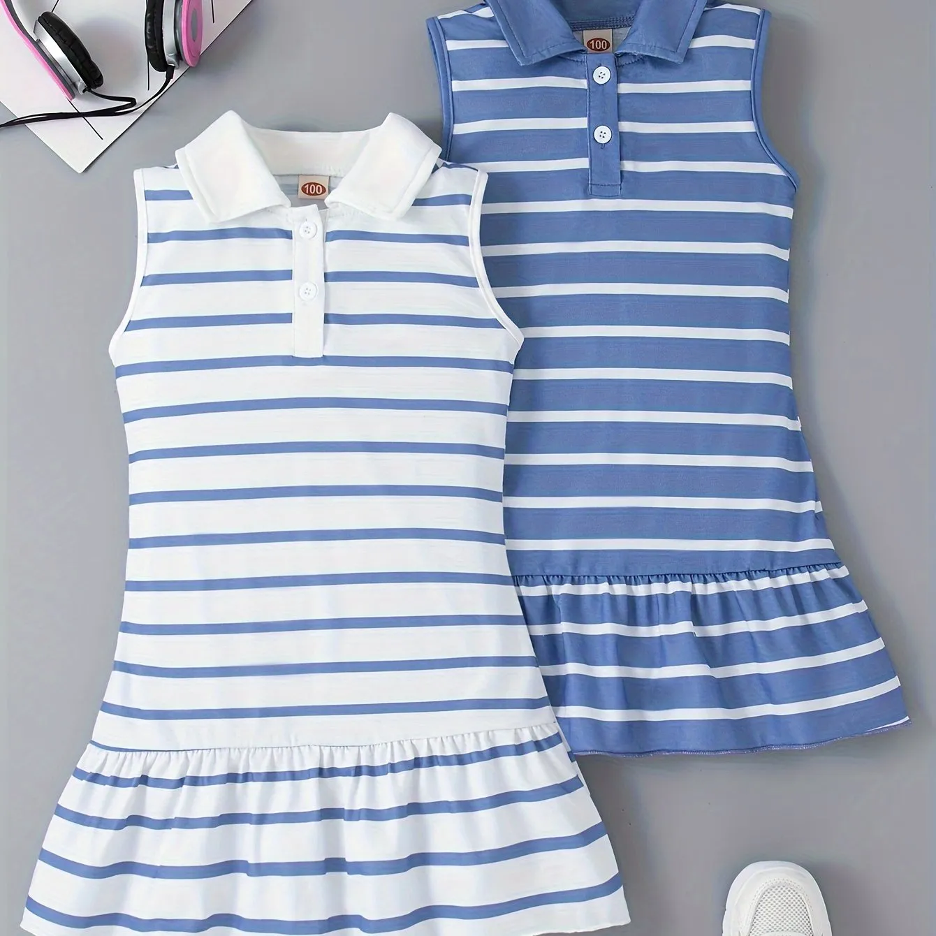 2pcs Adorable Striped Fitted Sleeveless Dress for Girls - Lapel Collar, Knee-High Length, Ruffle Hem, Polyester Material, Loose Silhouette, Perfect for Summer Party and Holiday - Casual and Comfortable