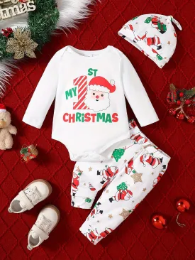 2pcs Baby's "My 1st Christmas" Pattern Bodysuit & Hat & Casual Pants, Toddler & Infant Boy's Clothing Set