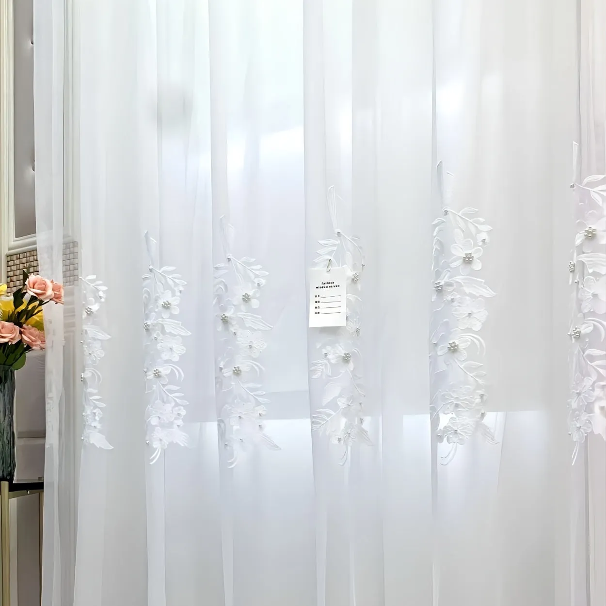 2pcs French Embroidery White Yarn Aesthetic Flowers Faux Pearl Beads Embroidery Window Yarn Curtain For Bedroom Living Room Office Home Decor