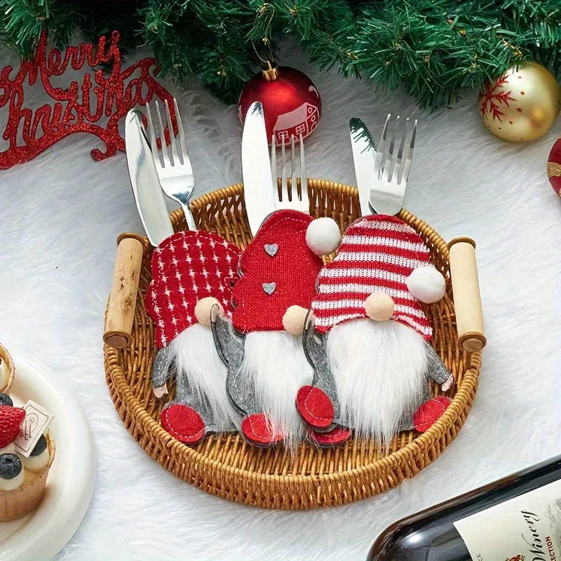 6pcs Festive Christmas Gnome Utensil Holders - Polyester Silverware Pouches with No Battery Required, Perfect for Party Supplies and Table Decorations, Adding a Touch of Whimsy to Your Holiday Gatherings