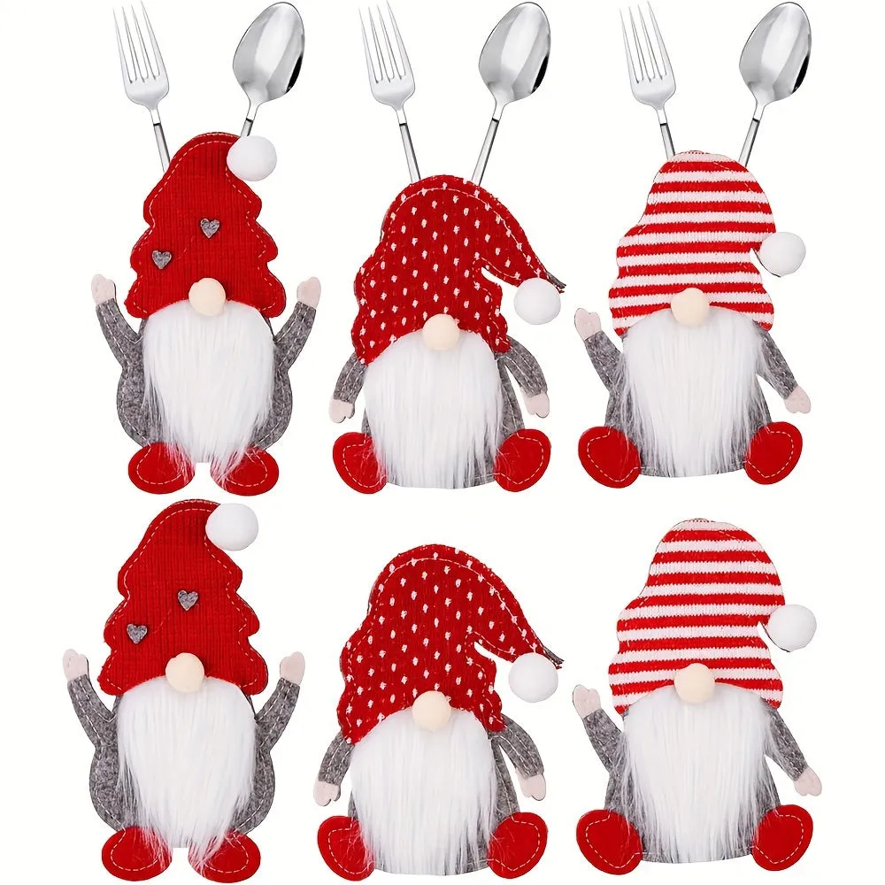 6pcs Festive Christmas Gnome Utensil Holders - Polyester Silverware Pouches with No Battery Required, Perfect for Party Supplies and Table Decorations, Adding a Touch of Whimsy to Your Holiday Gatherings