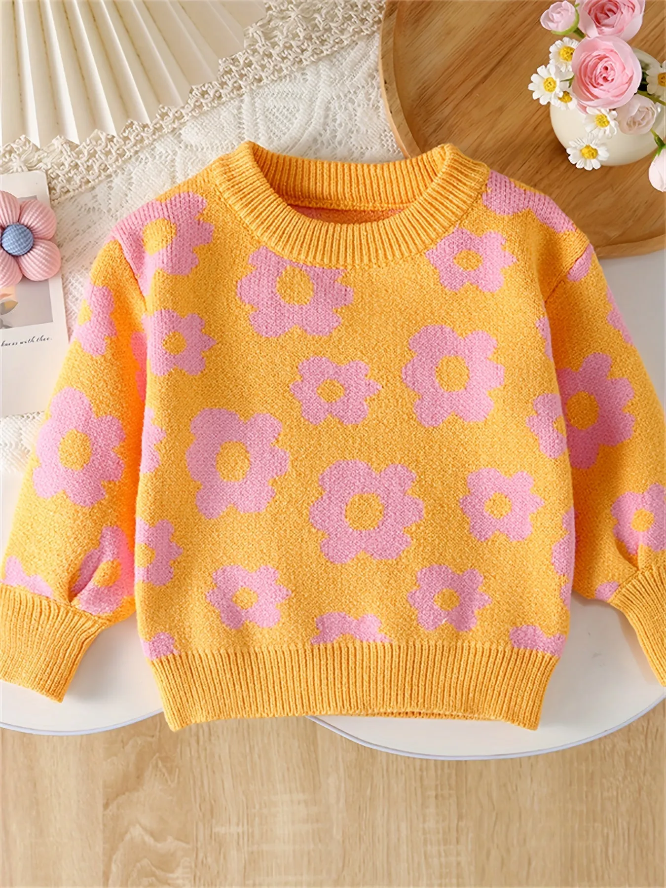 Adorable Cartoon Flower Pattern Cable Knit Long Sleeve Sweater - Soft, Cozy, and Warm Toddler & Infant Girl's Clothing for Fall and Winter Seasons - Sweet and Stylish Gift Idea for Little Princesses