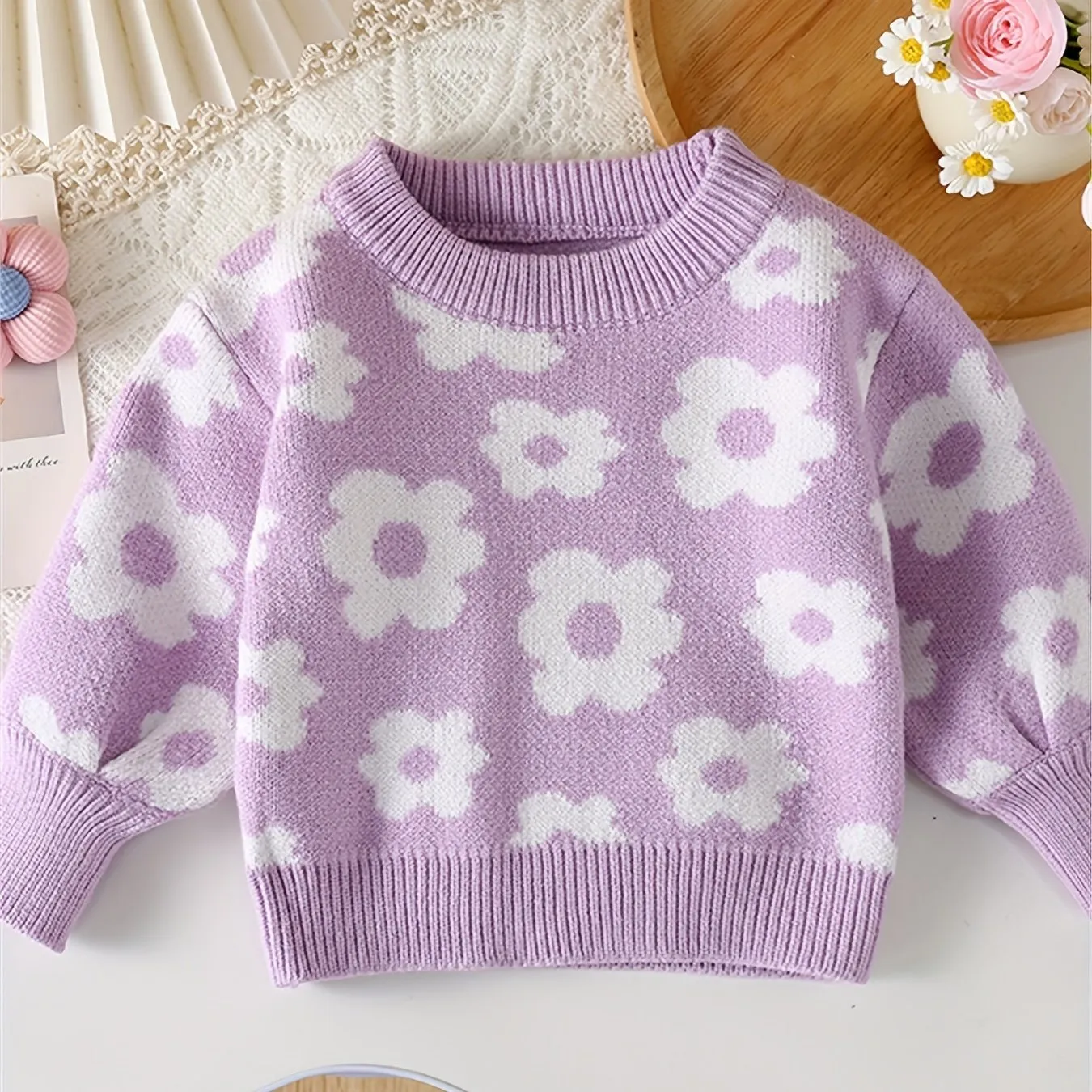 Adorable Cartoon Flower Pattern Cable Knit Long Sleeve Sweater - Soft, Cozy, and Warm Toddler & Infant Girl's Clothing for Fall and Winter Seasons - Sweet and Stylish Gift Idea for Little Princesses