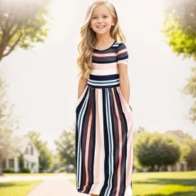 Baby Girl Striped Print Long Dress Toddler Girls Bohemian Flower Dress Kids Causal Clothes Polyester Soft Summer Beachwear Dress