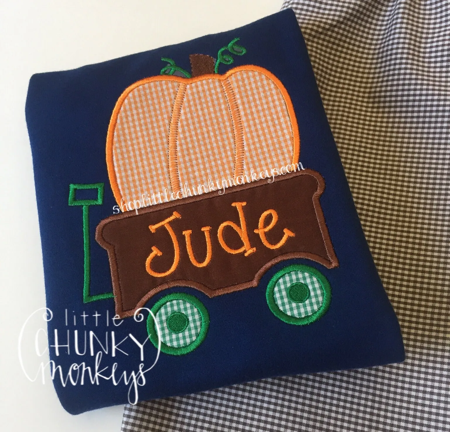 Boy Shirt - Boy Fall Shirt - Personalized Pumpkin Wagon on Navy Shirt