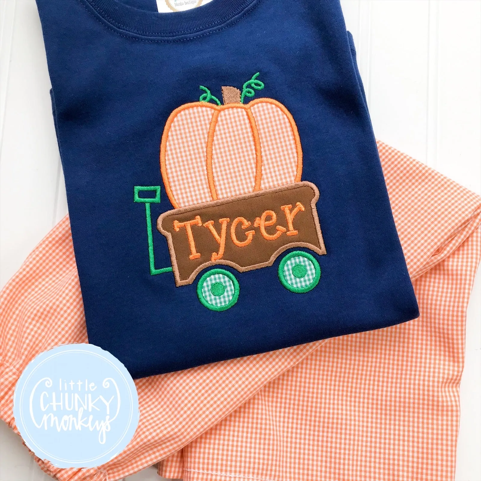 Boy Shirt - Boy Fall Shirt - Personalized Pumpkin Wagon on Navy Shirt