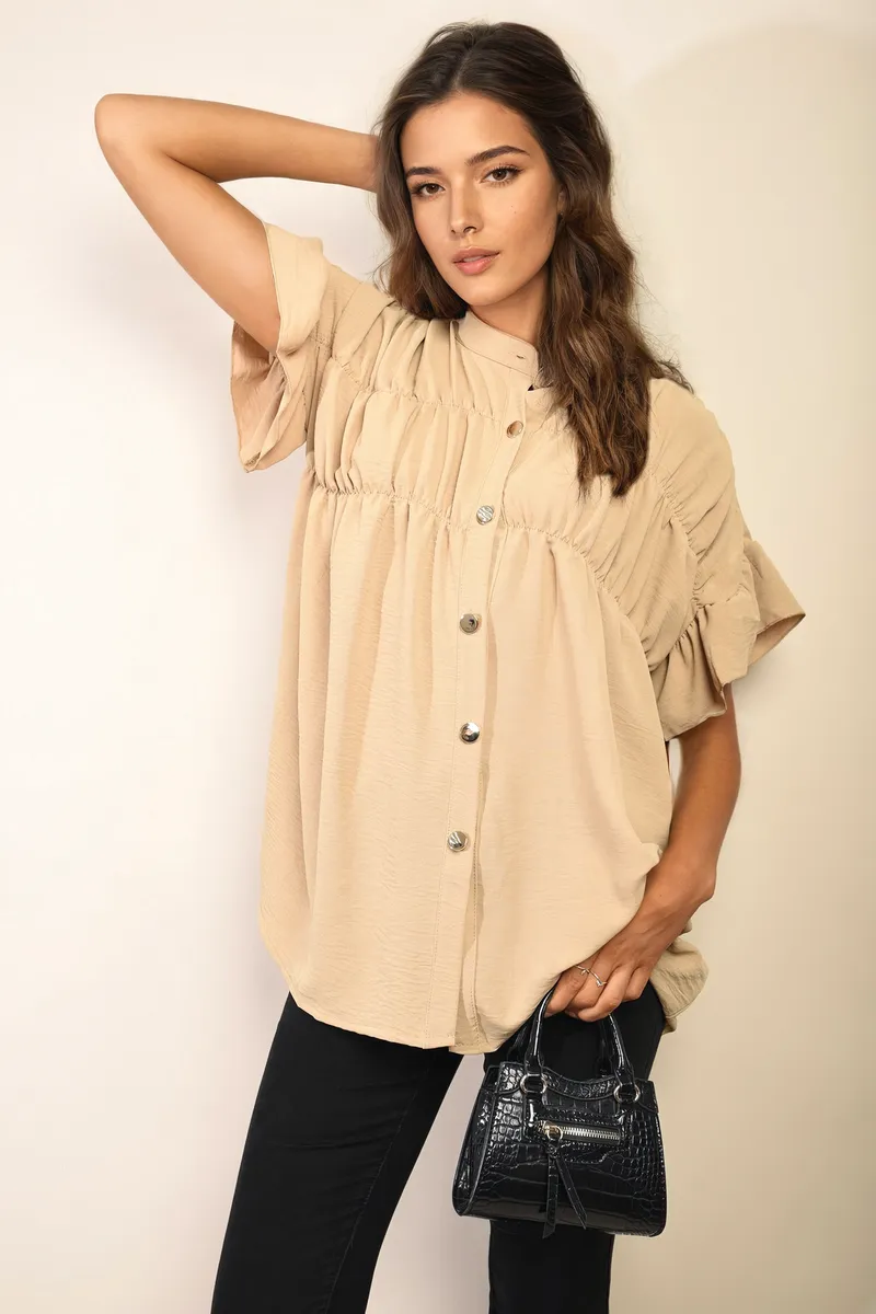 Button Down Pleated Frill Tops