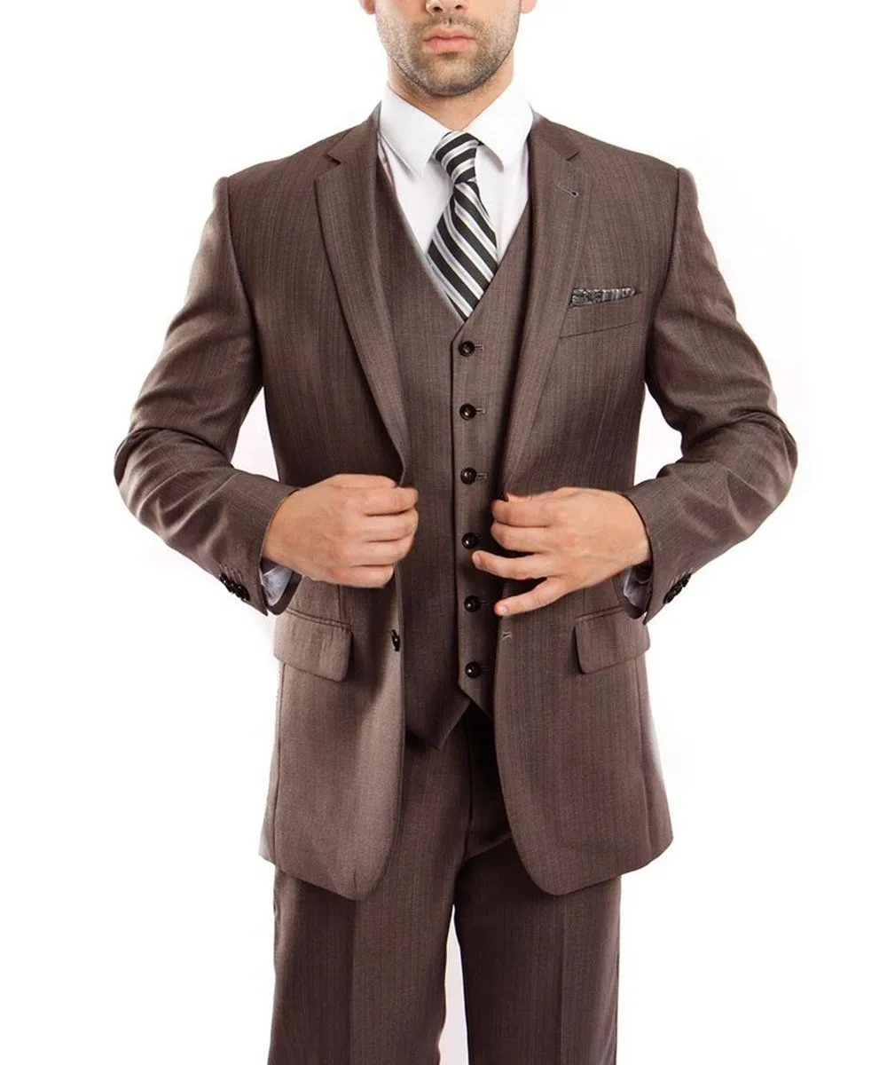 Classic Brown Solid Textured Suit with Vest