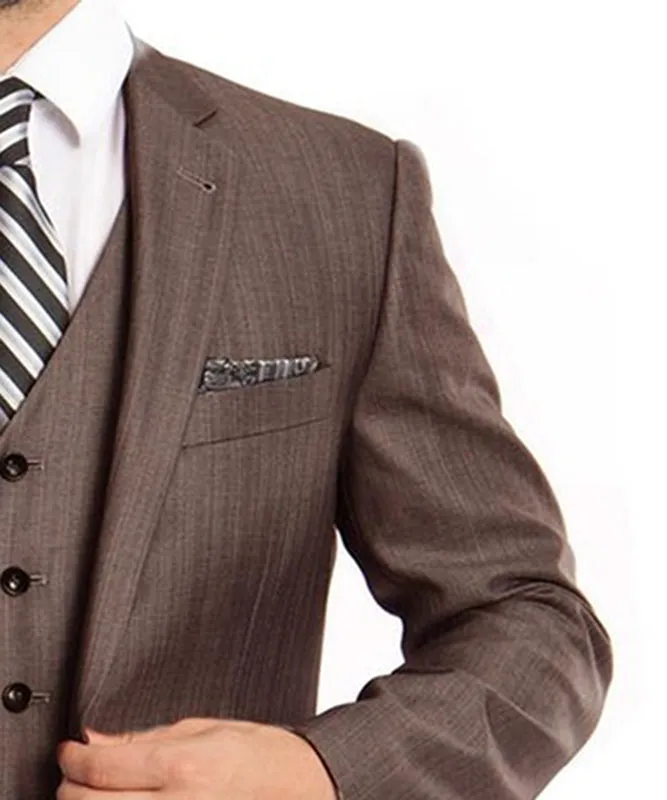 Classic Brown Solid Textured Suit with Vest