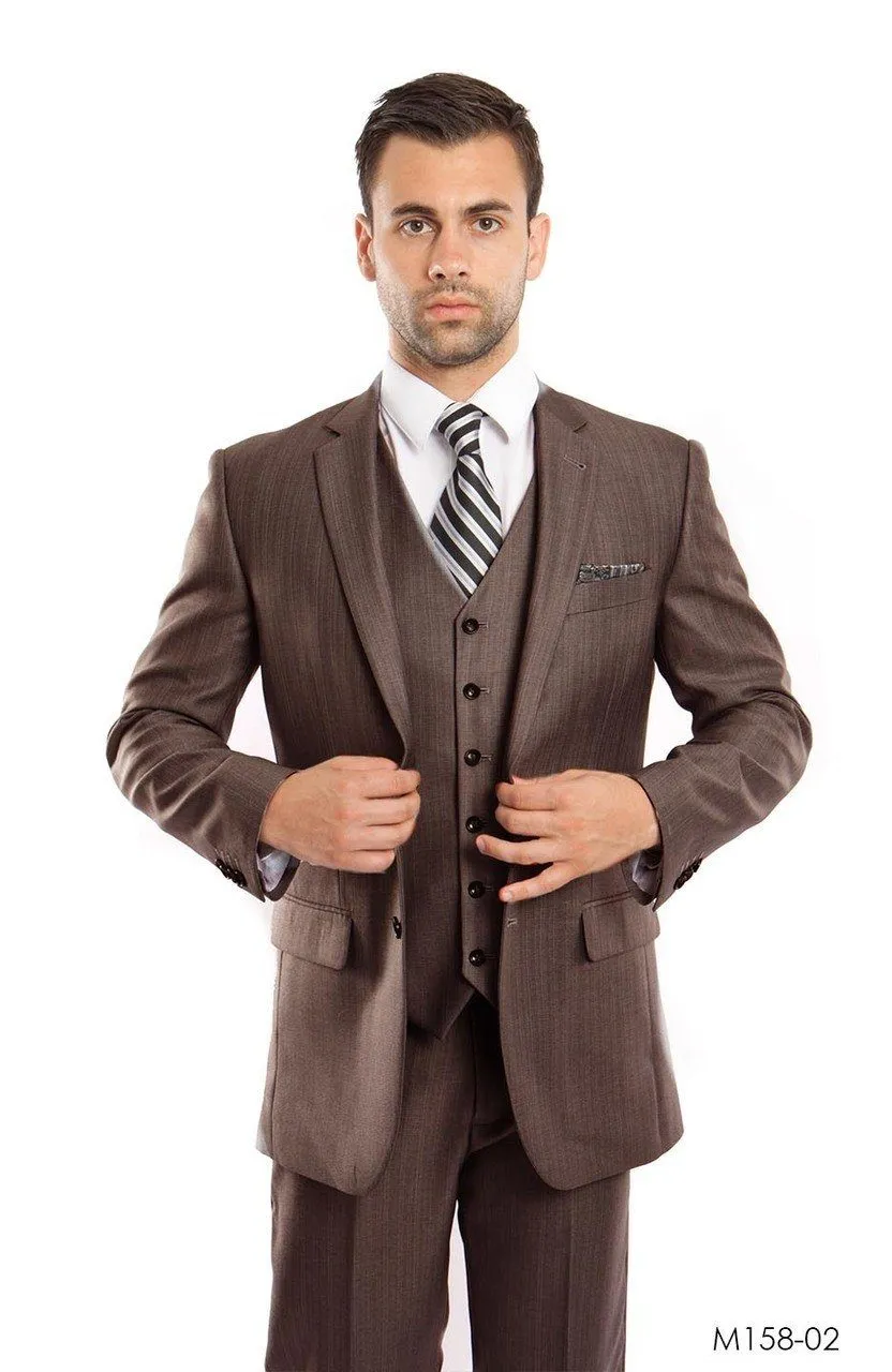 Classic Brown Solid Textured Suit with Vest