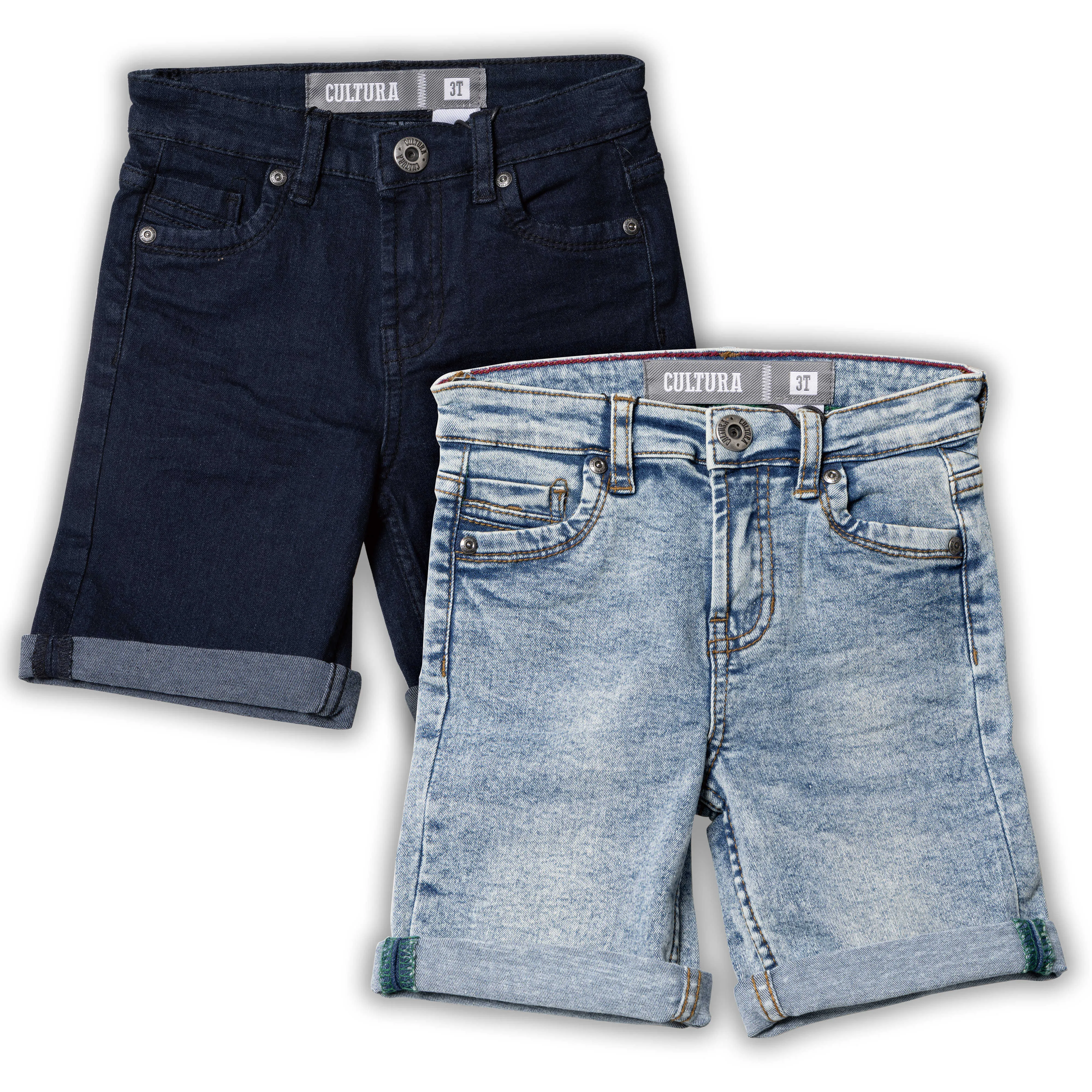 CULTURA Baby Boys Toddler 2 Pack Fashion Roll Up Stretch Denim Shorts