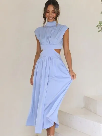 Cutout Mock Neck Sleeveless Ruched Dress