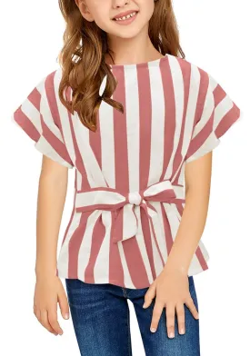 Dark Blush Flare Short Sleeves Keyhole-Back Striped Little Girl Top