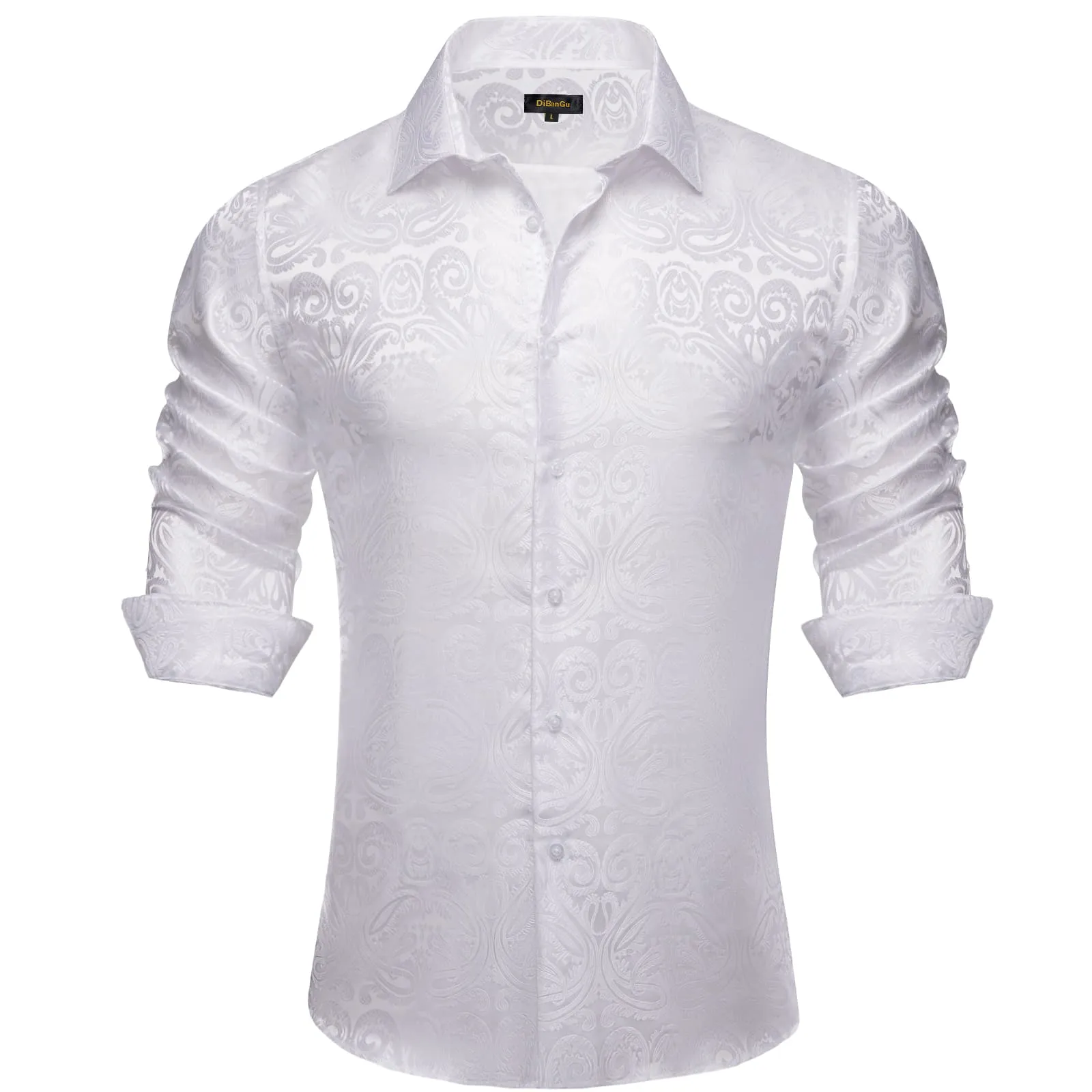 DiBanGu Collared Shirt Munsell White Floral Silk Button Down Long Sleeve Shirt for Men