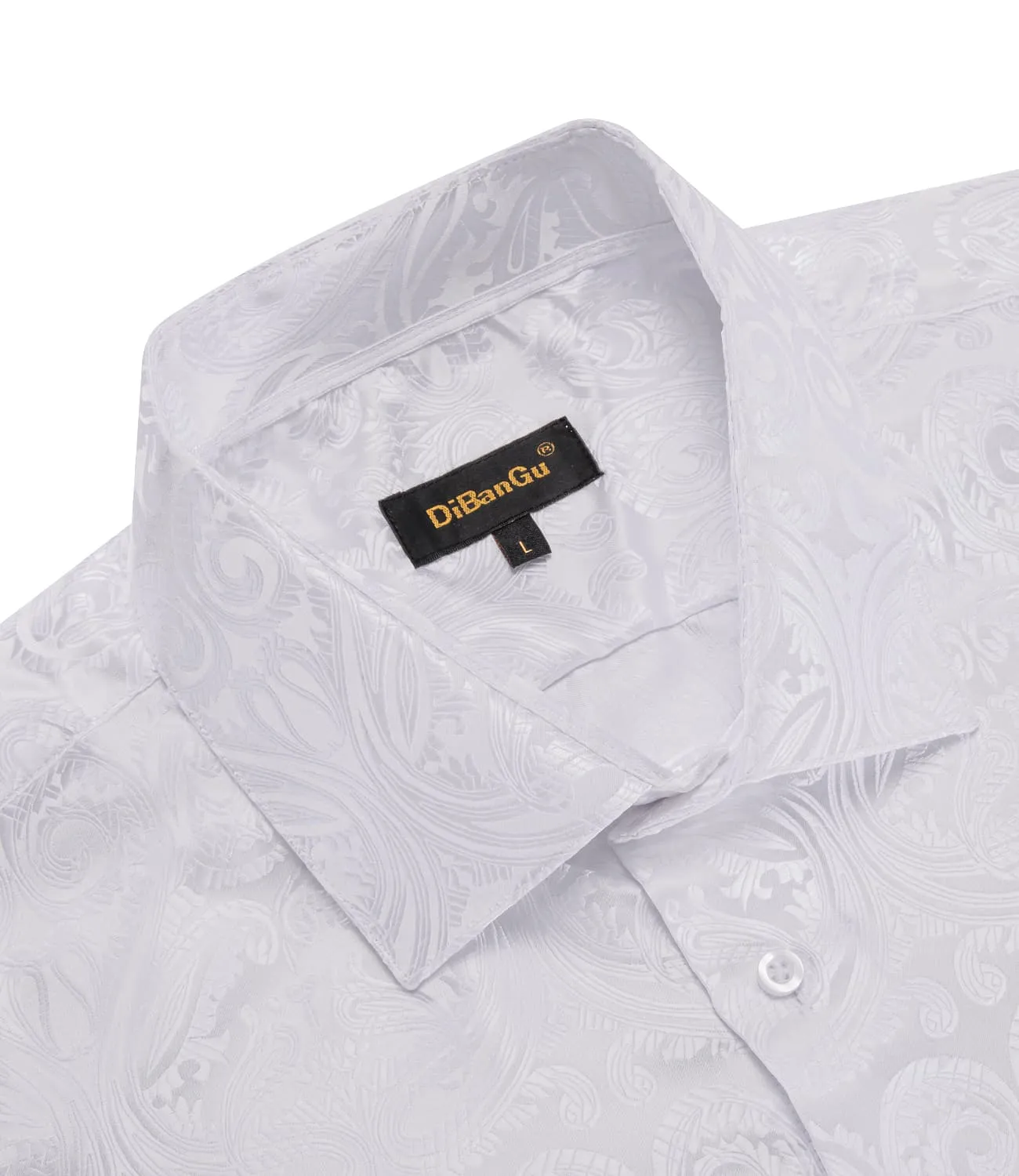 DiBanGu Collared Shirt Munsell White Floral Silk Button Down Long Sleeve Shirt for Men