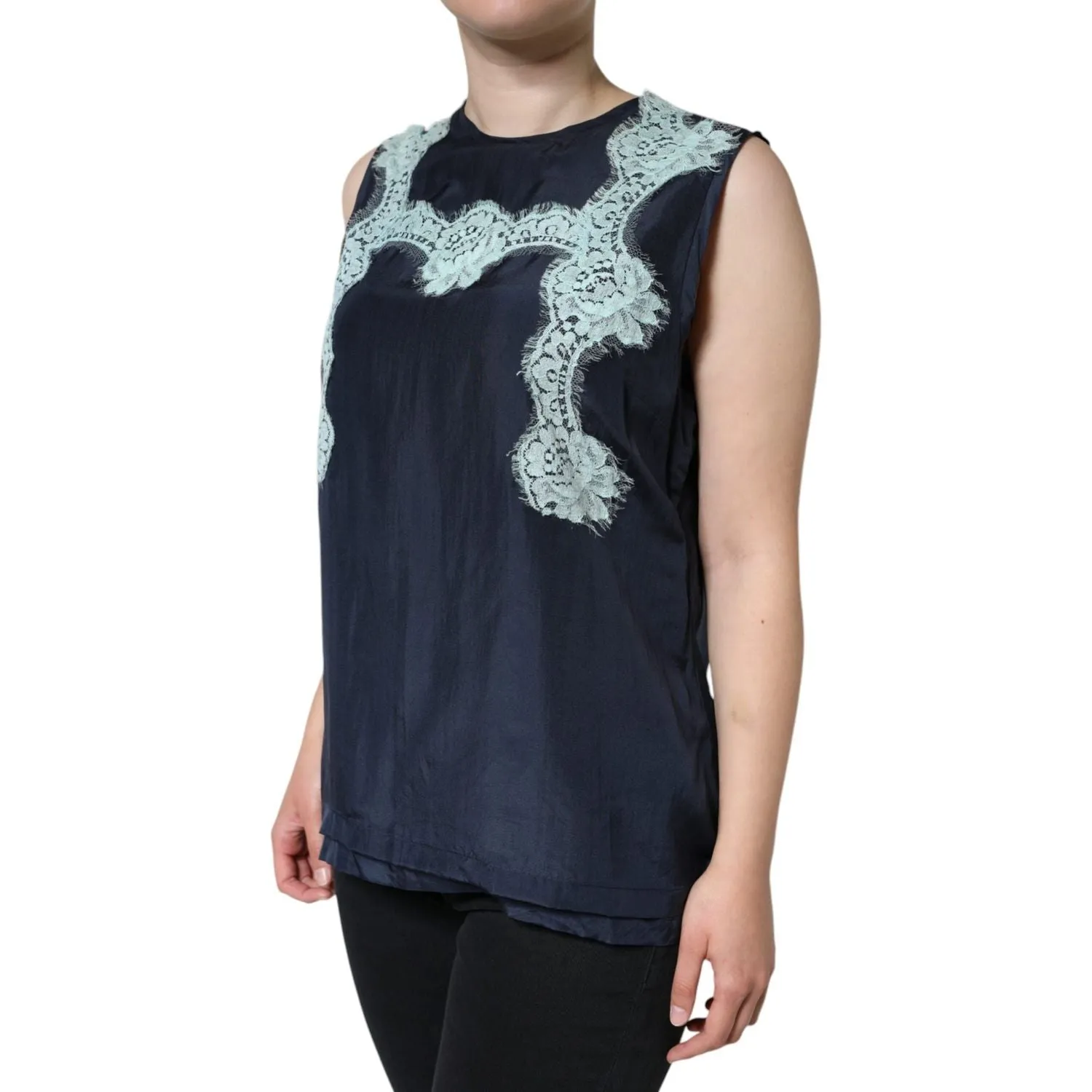 Dolce & Gabbana Blue Floral Lace Silk Sleeveless Tank Top