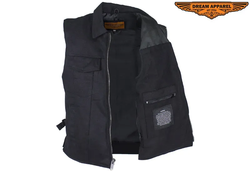 Dream Apparel Men’s Black Denim Motorcycle Club Vest with Folded Collar & Hidden Snaps