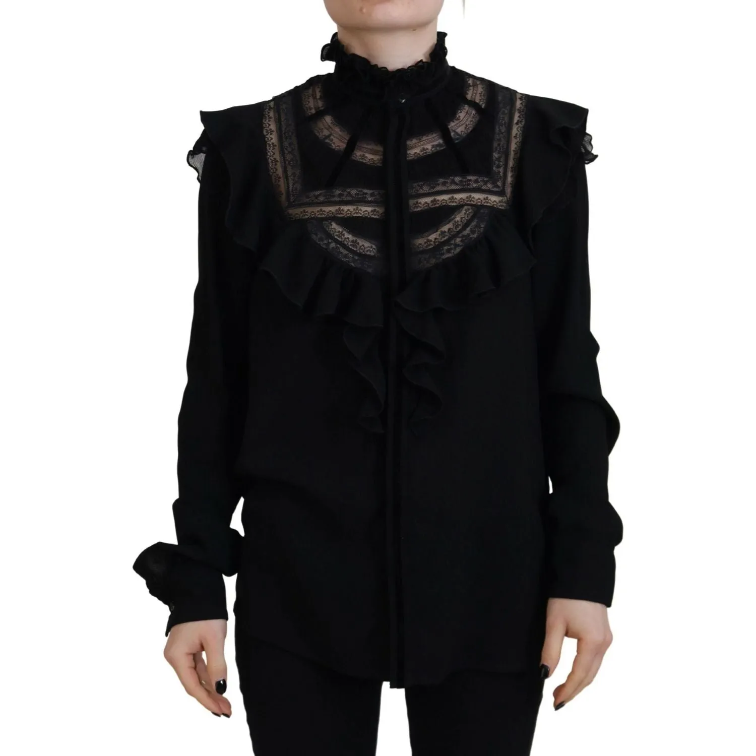 Dsquared² Black Lace Trim Turtle Neck Long Sleeves Top