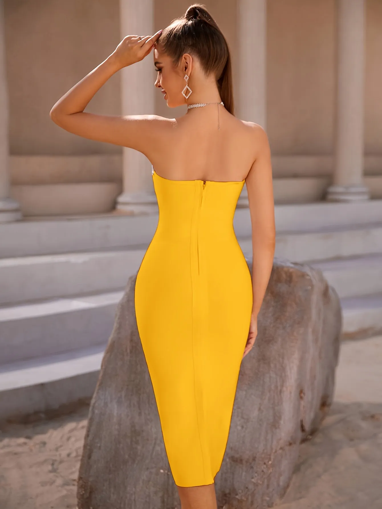 Elegant High-Elasticity Bodycon Tube Dress - Zipper Back, Sleeveless Strapless, Solid Color, All-Season, Knit Fabric - Perfect for Wedding Party and Formal Occasions