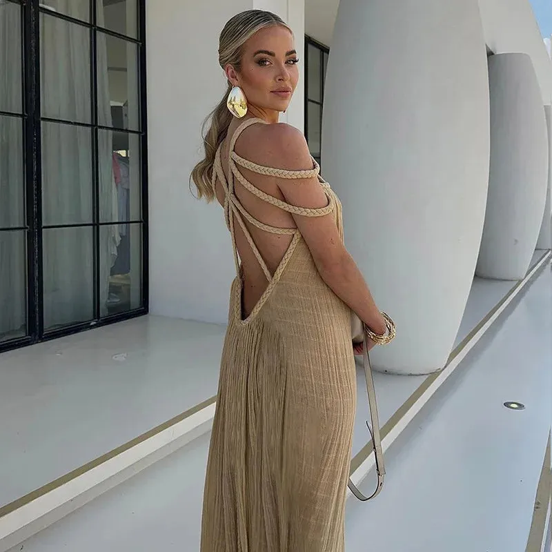 Elegant Off Shoulder Lace Up Backless Maxi Dress for Summer