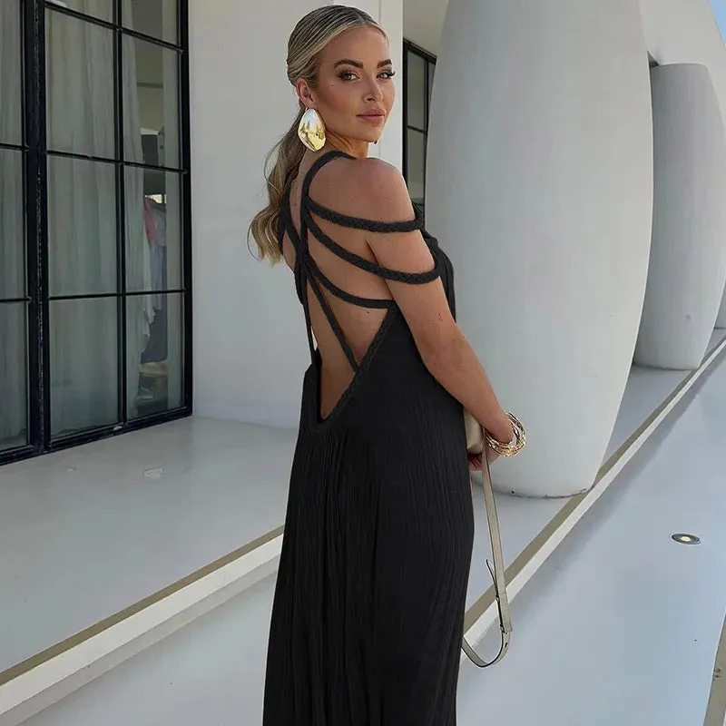 Elegant Off Shoulder Lace Up Backless Maxi Dress for Summer