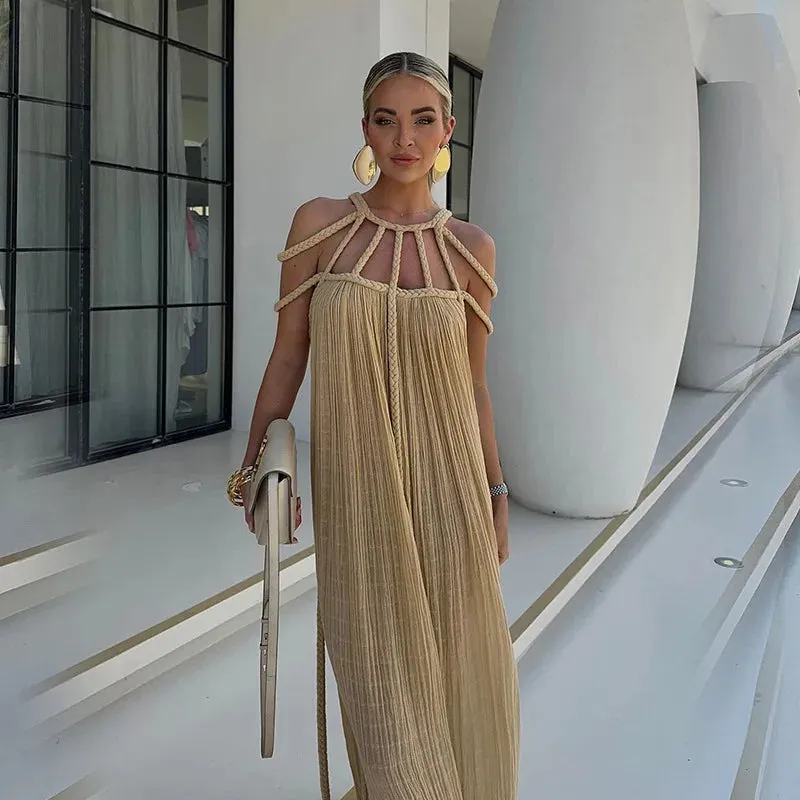 Elegant Off Shoulder Lace Up Backless Maxi Dress for Summer