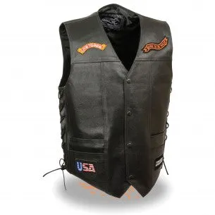 ELM3930 Black Motorcycle Leather Vest for Men w/ Patches - Riding Club Adult Motorcycle Vests