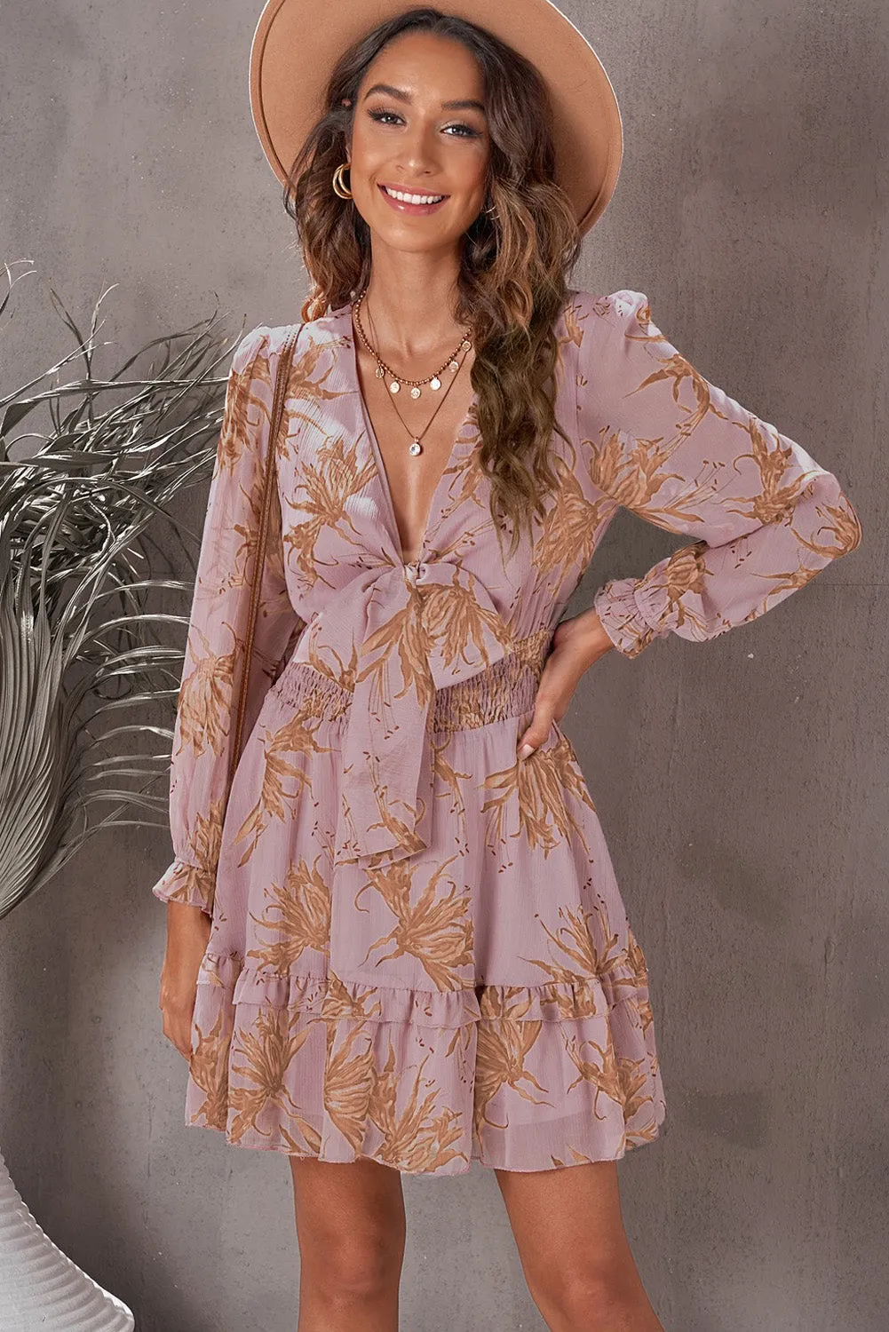 Floral Deep V Flounce Sleeve Mini Dress