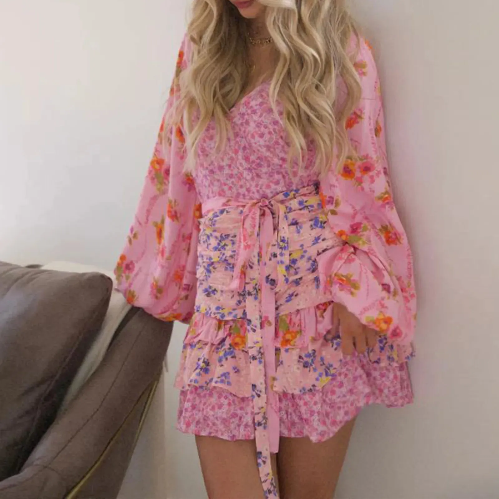 Floral Print Mini V Neck Long Puff Sleeve Ruffle Short Layered for Beach Cocktail Club Streetwear Summer Retro Dress