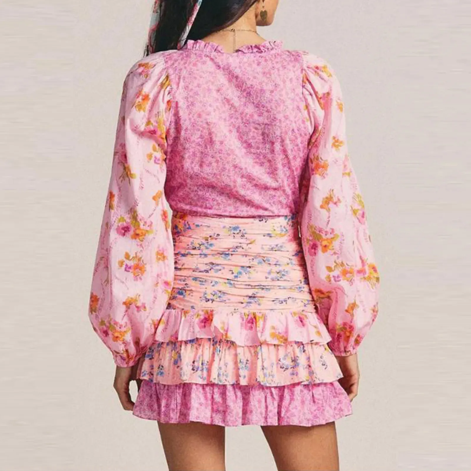 Floral Print Mini V Neck Long Puff Sleeve Ruffle Short Layered for Beach Cocktail Club Streetwear Summer Retro Dress