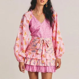 Floral Print Mini V Neck Long Puff Sleeve Ruffle Short Layered for Beach Cocktail Club Streetwear Summer Retro Dress