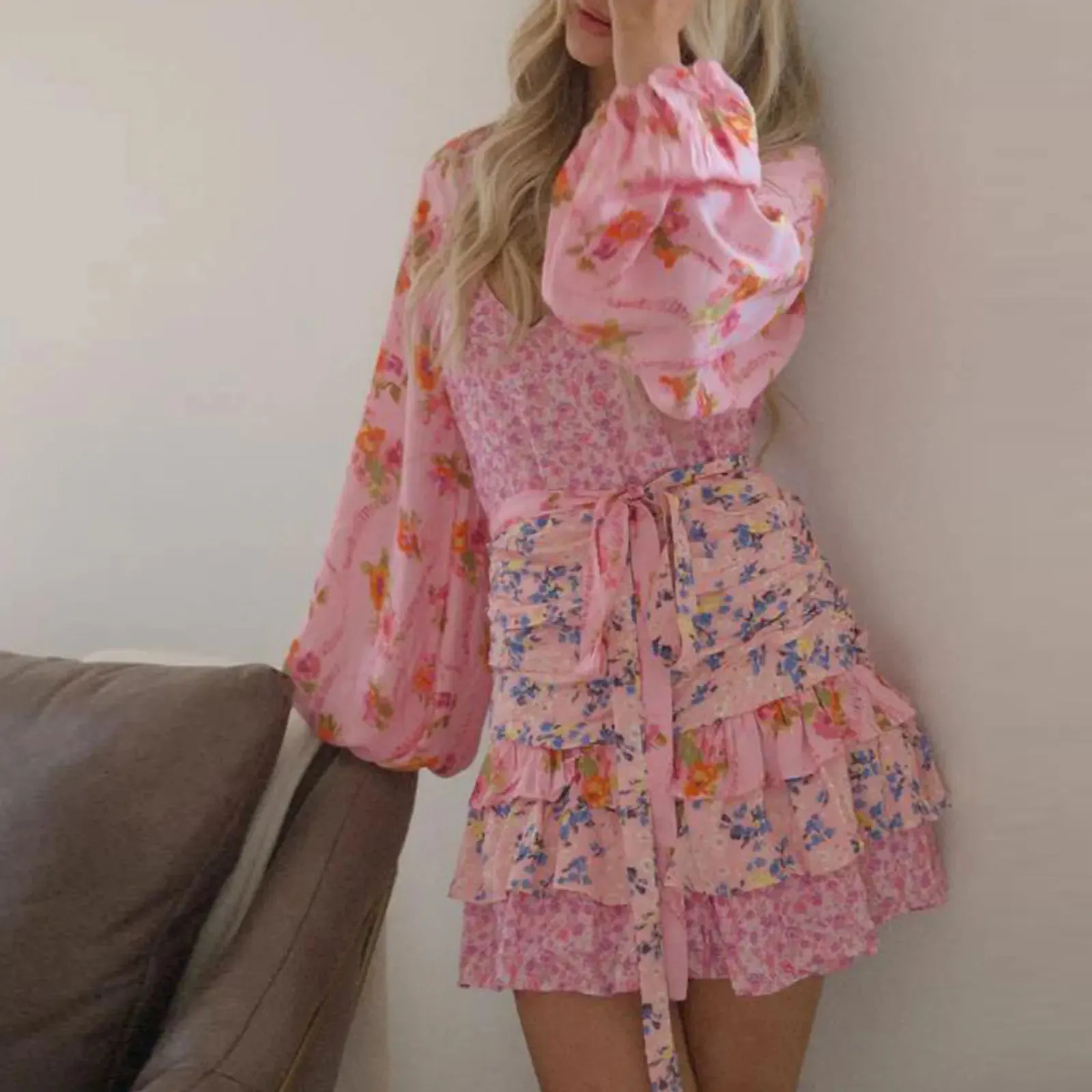 Floral Print Mini V Neck Long Puff Sleeve Ruffle Short Layered for Beach Cocktail Club Streetwear Summer Retro Dress