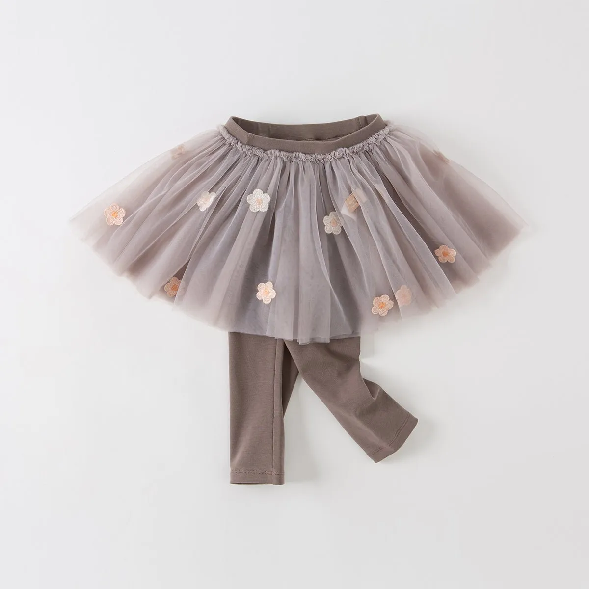 Flower Embroidery Girl Coffee Tutu Skirt Leggings