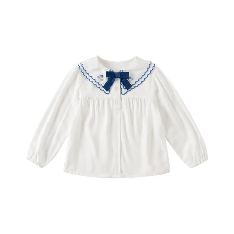 Flower Embroidery Girl Removable Ribbon White Shirt