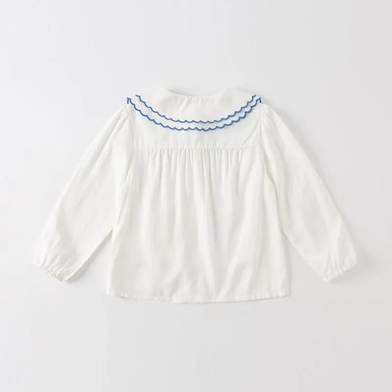 Flower Embroidery Girl Removable Ribbon White Shirt