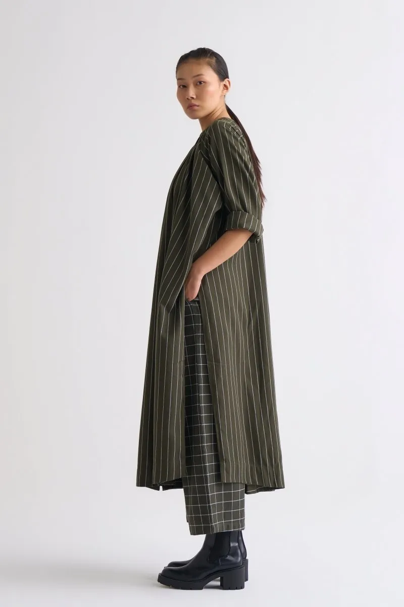 Gather Neck Shirt - Olive Stripe