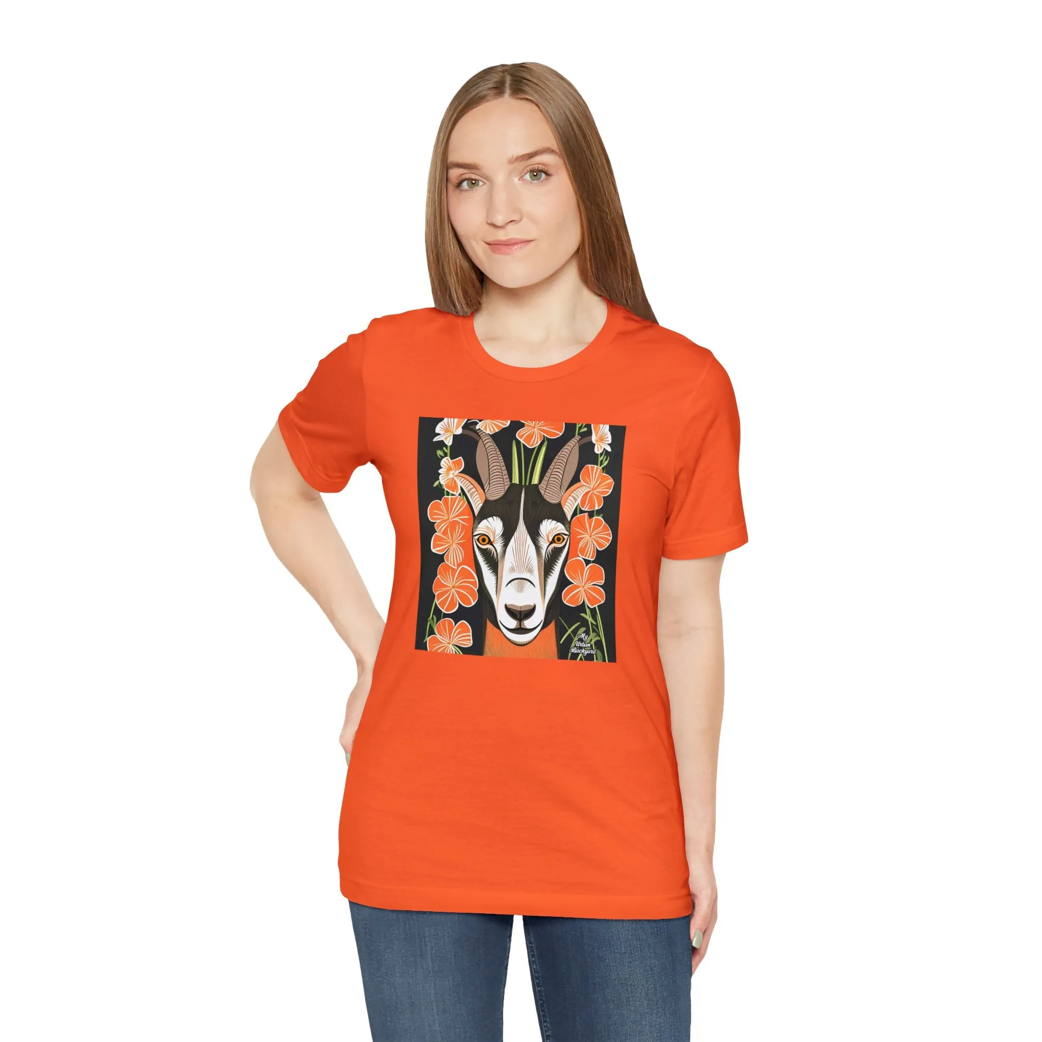 Goat with Orange Flowers, Soft 100% Jersey Cotton T-Shirt, Unisex, Short Sleeve, Retail Fit