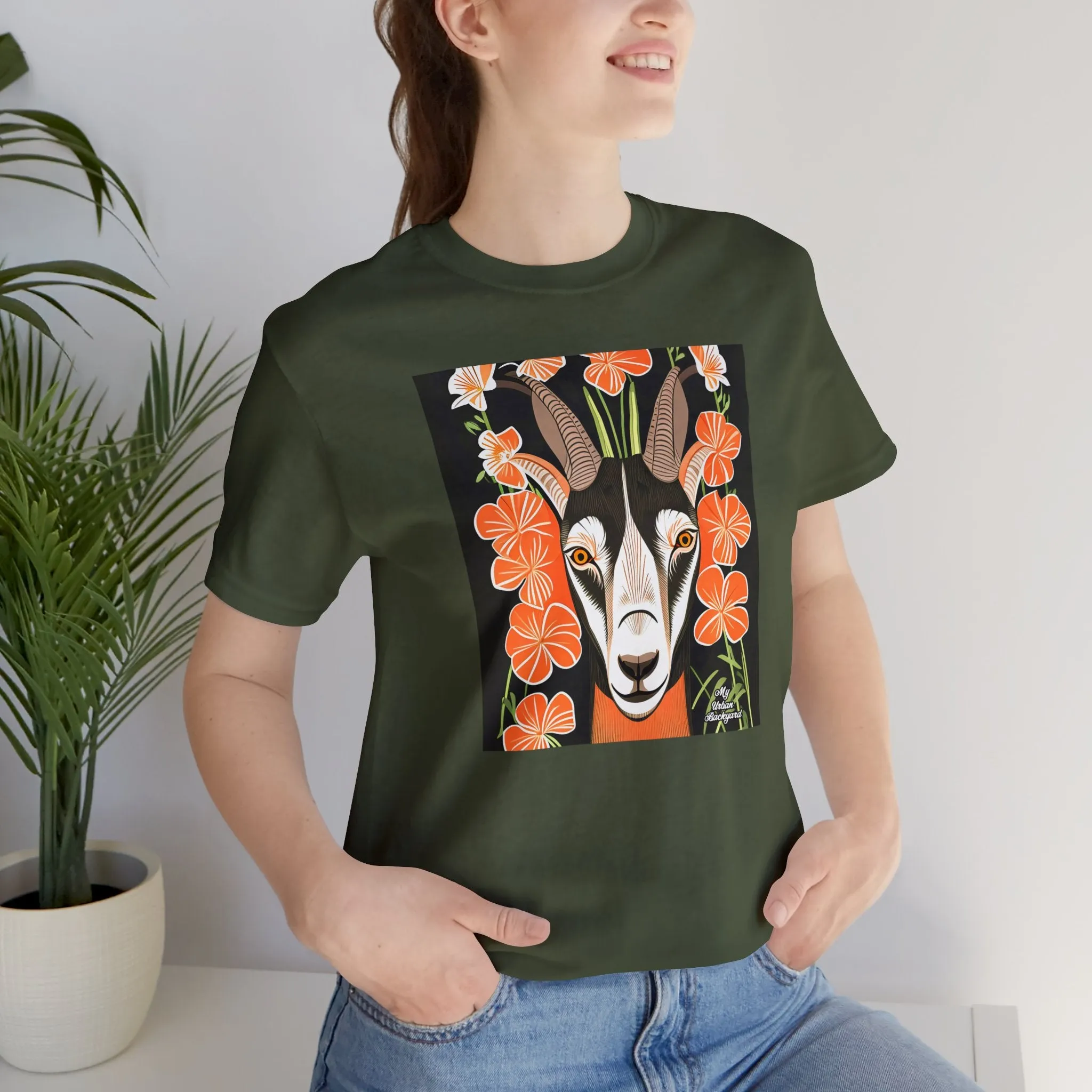 Goat with Orange Flowers, Soft 100% Jersey Cotton T-Shirt, Unisex, Short Sleeve, Retail Fit