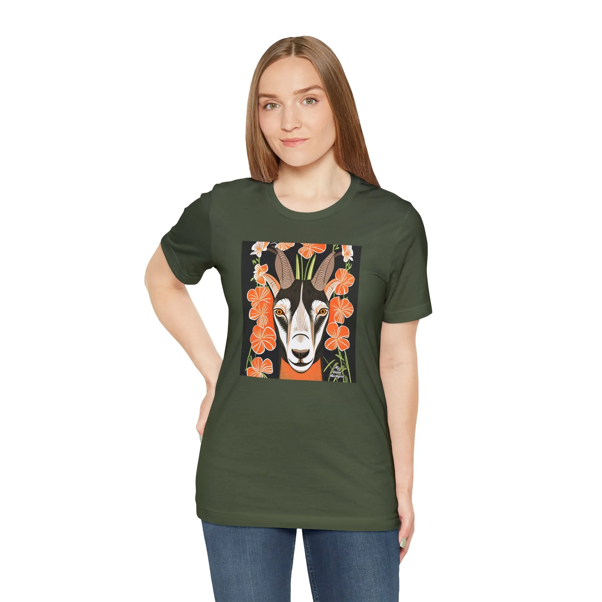 Goat with Orange Flowers, Soft 100% Jersey Cotton T-Shirt, Unisex, Short Sleeve, Retail Fit