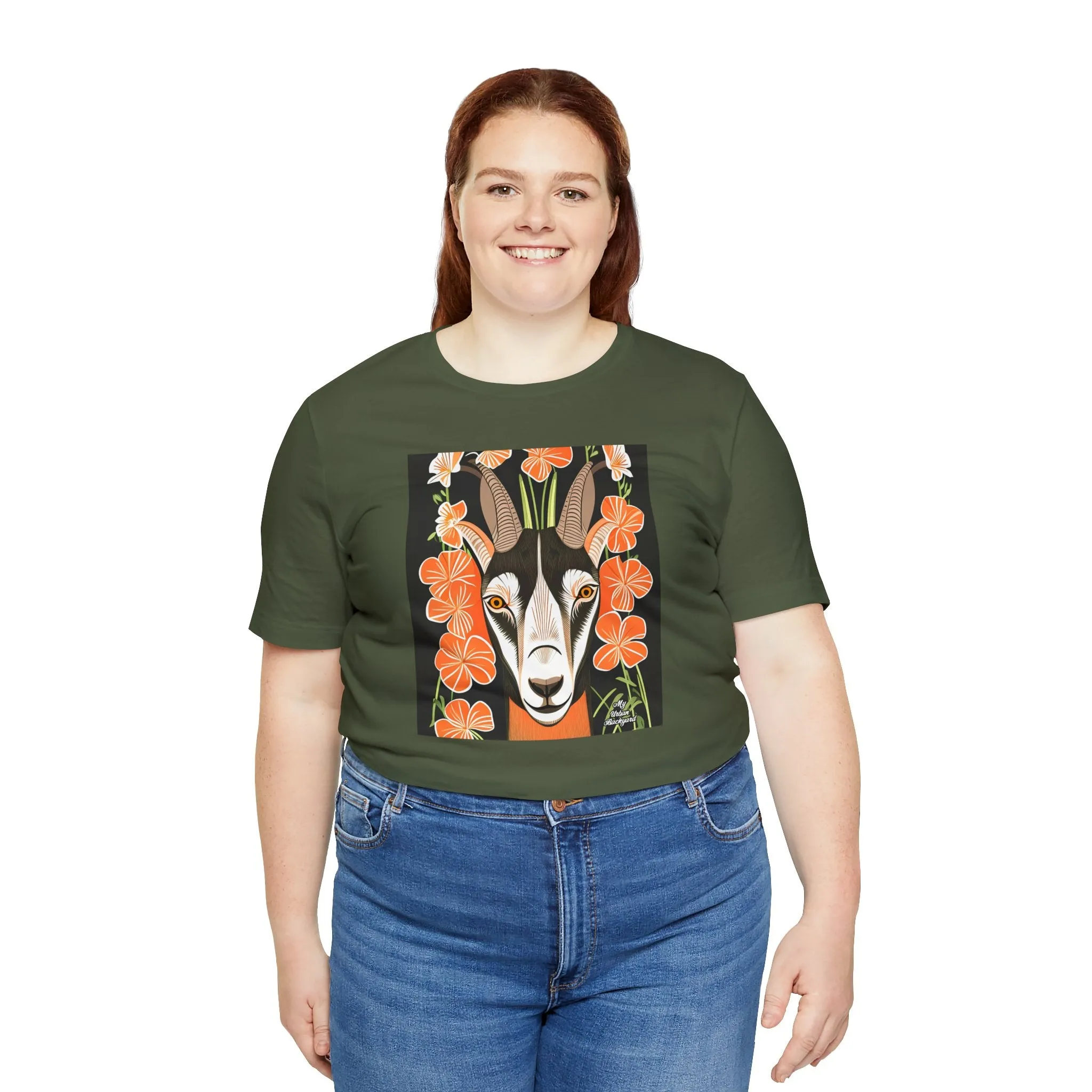 Goat with Orange Flowers, Soft 100% Jersey Cotton T-Shirt, Unisex, Short Sleeve, Retail Fit