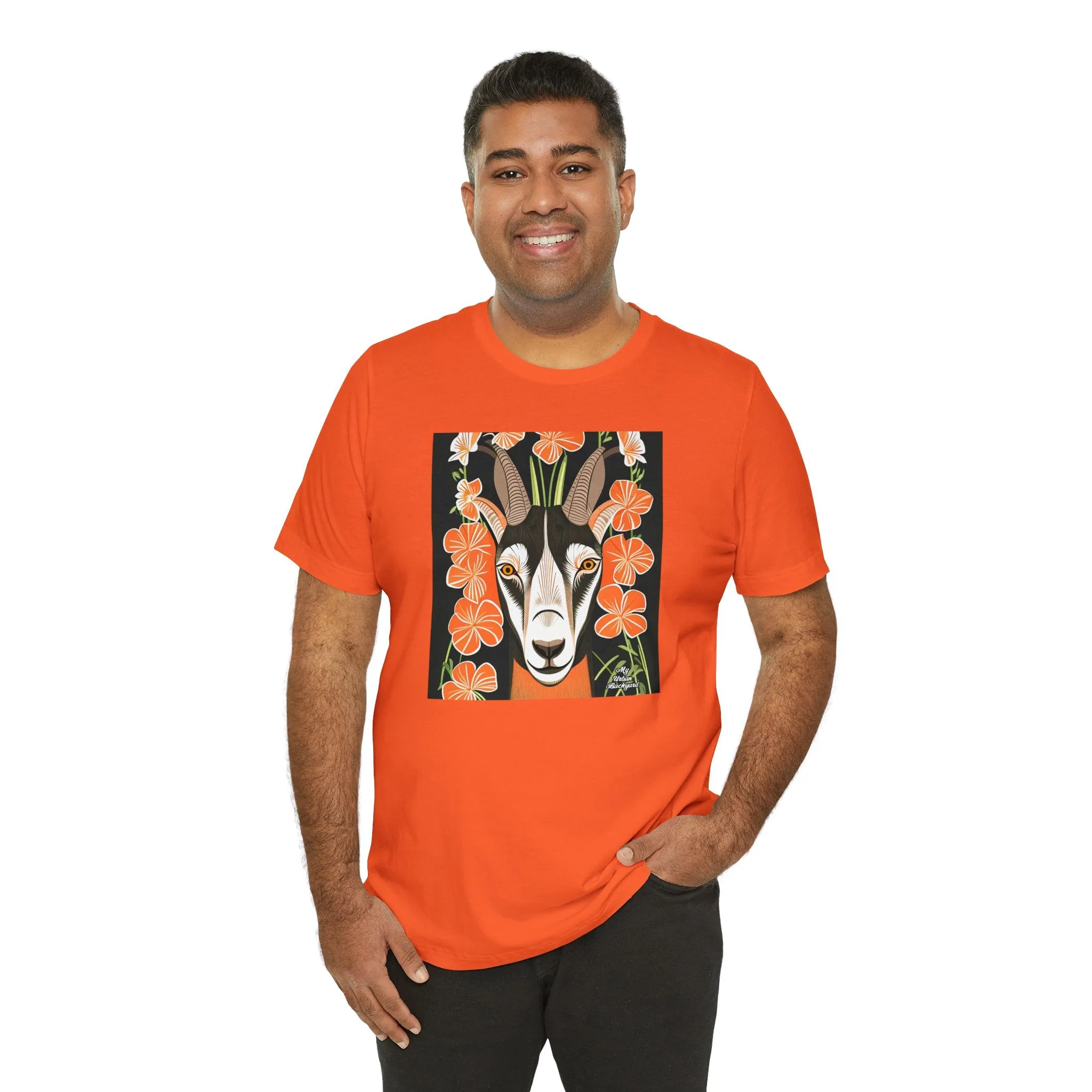 Goat with Orange Flowers, Soft 100% Jersey Cotton T-Shirt, Unisex, Short Sleeve, Retail Fit