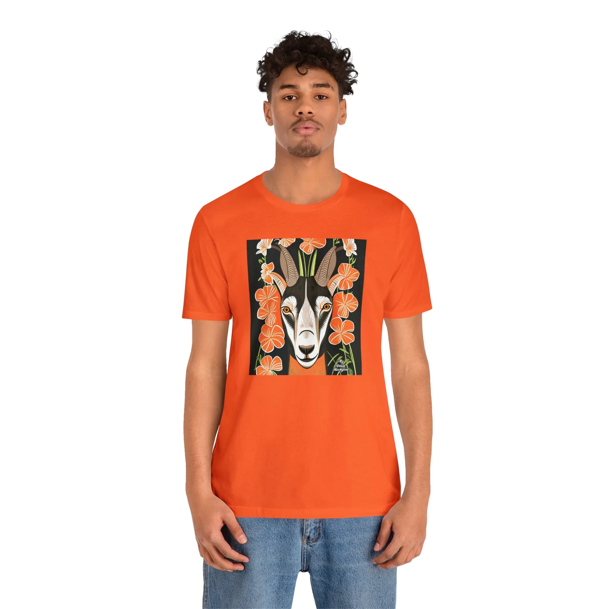 Goat with Orange Flowers, Soft 100% Jersey Cotton T-Shirt, Unisex, Short Sleeve, Retail Fit