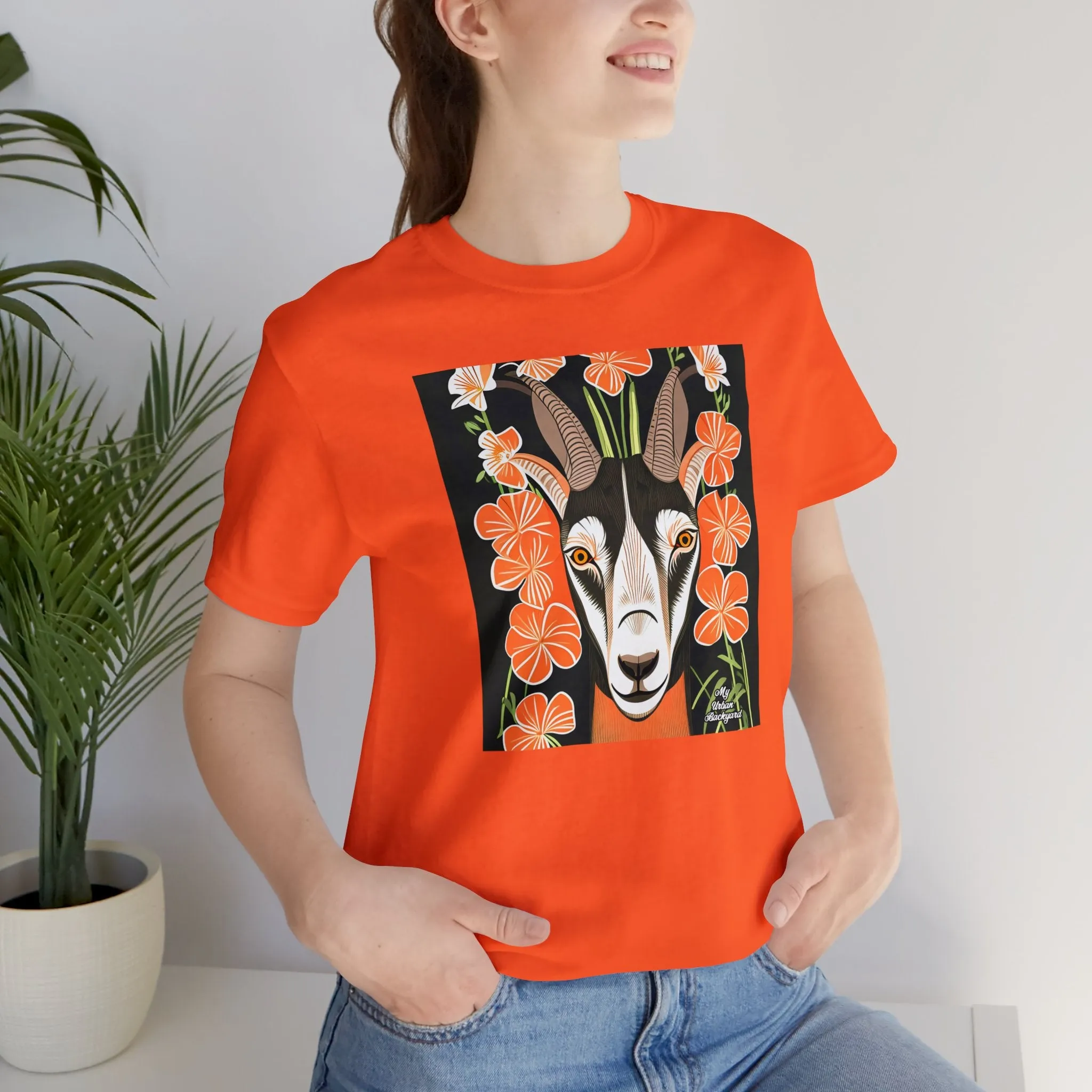 Goat with Orange Flowers, Soft 100% Jersey Cotton T-Shirt, Unisex, Short Sleeve, Retail Fit