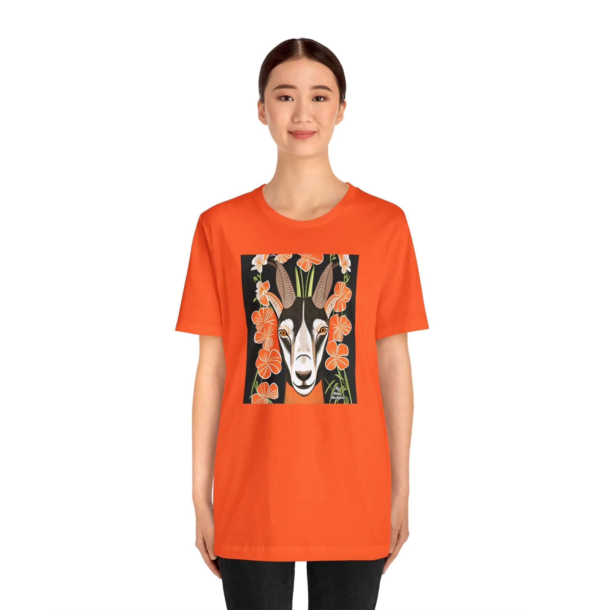 Goat with Orange Flowers, Soft 100% Jersey Cotton T-Shirt, Unisex, Short Sleeve, Retail Fit