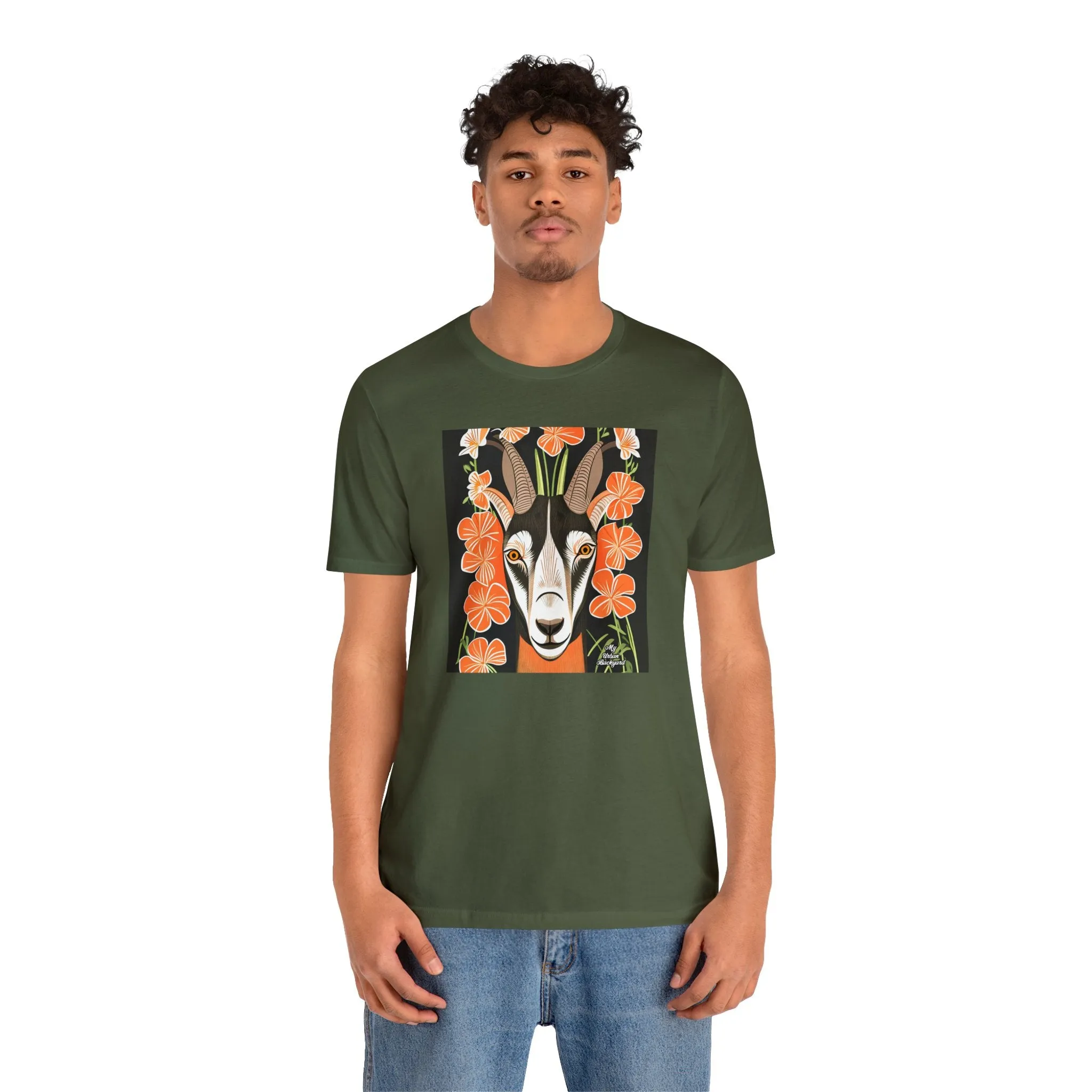 Goat with Orange Flowers, Soft 100% Jersey Cotton T-Shirt, Unisex, Short Sleeve, Retail Fit